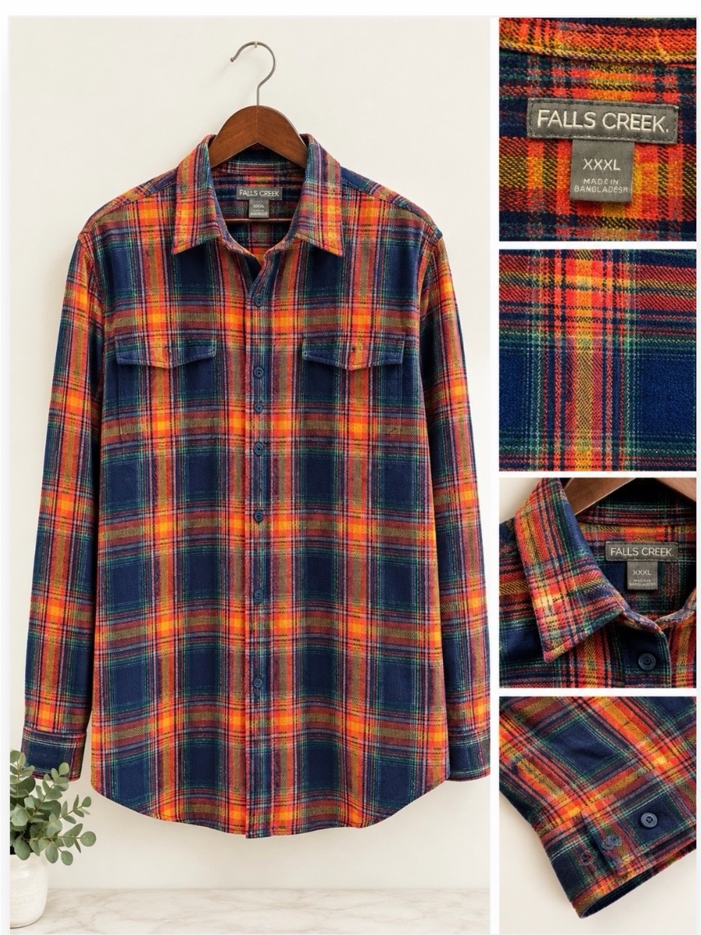 Falls Creek Men's Navy, Orange & Yellow Plaid Button-Down Shirt